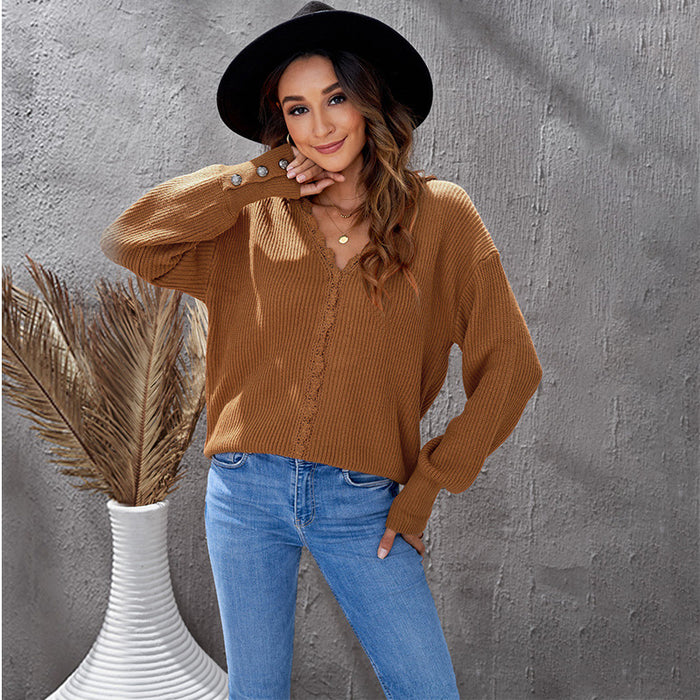 Solid Color Sweater Women  Autumn Lace V neck Patchwork Breasted Long Sleeve Top Women