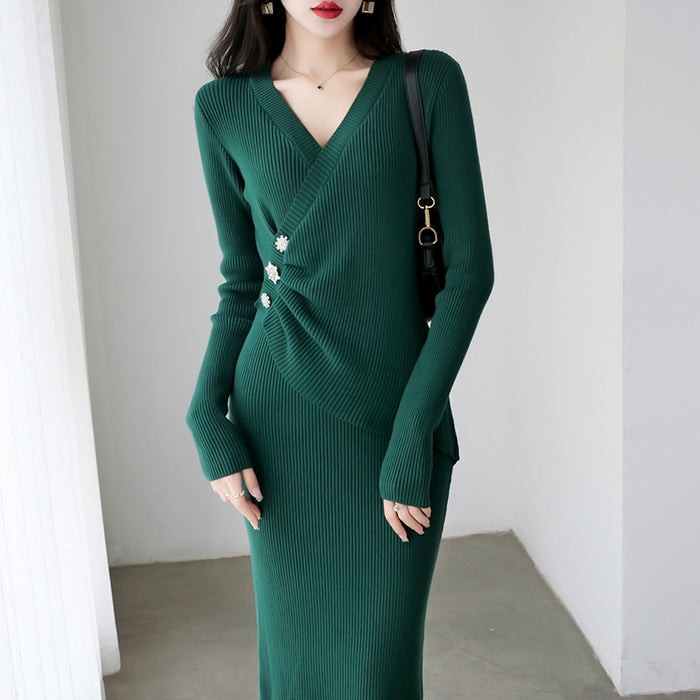 Spring Autumn French V Neck Retro Knitted Fitted Waist Dress Women Mid Length Socialite Slim Fit Base Sweater Dress