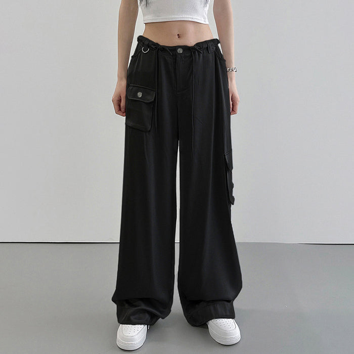 Summer Satin Draping Comfortable Casual Pants Street Low Waist Pocket Metal Buckle Stitching Wide Leg Trousers